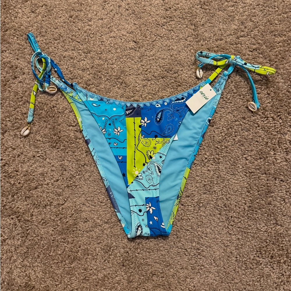 NEW Aerie Green Blue Patchwork Bandana Seashells String Side Tie Bikini Bottom M